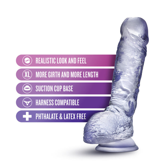 B Yours Plus Hearty Hefty Clear 9-Inch Long Dildo With Balls & Suction Cup Base