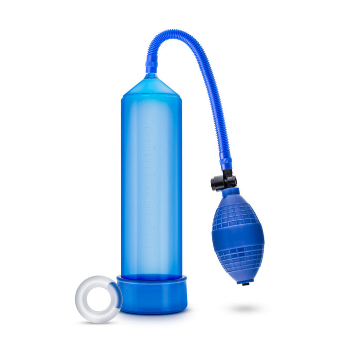 Blue cylinder that connects to a squeezable ball pump by a blue flexible hose. Includes blue pump sleeve and stretchy cock ring. Additional images show alternate angles.