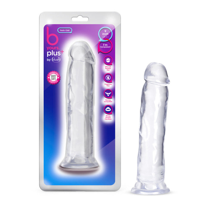B Yours Plus Thrill Drill Realistic Clear 9-Inch Long Dildo With Suction Cup Base