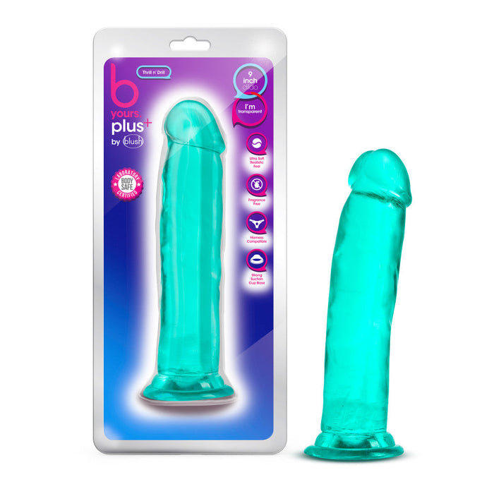 B Yours Plus Thrill Drill Realistic Teal 9-Inch Long Dildo With Suction Cup Base