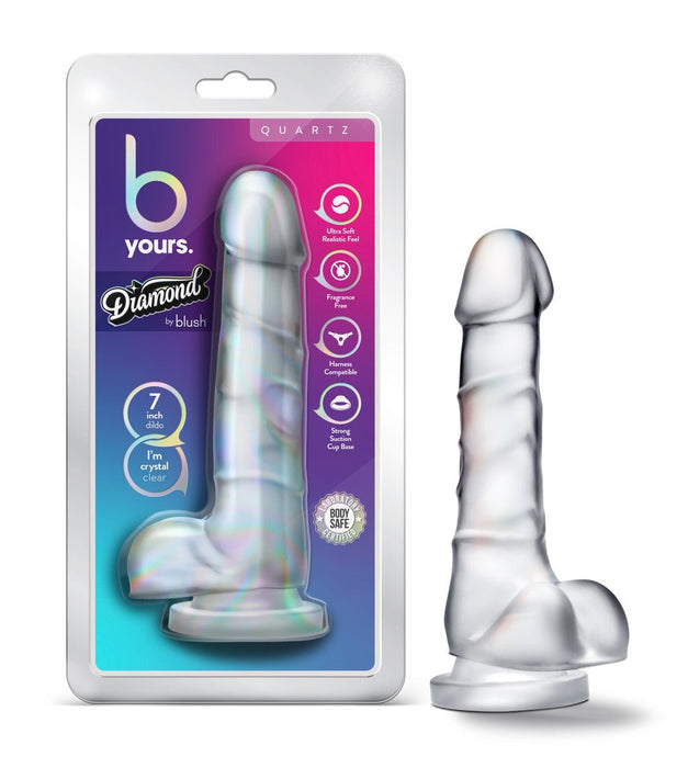 B Yours Diamond Quartz Realistic Clear 7.5-Inch Long Dildo With Balls & Suction Cup Base
