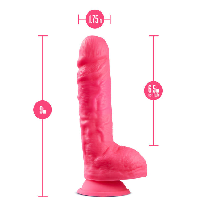 Eden | Neon Pink: 9" Long Silicone Dildo With Balls & Suction Cup Base + Dual Density Realistic Technology