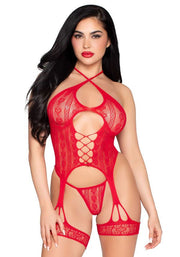 "2pc Heart Net Halter Cami and G-String Panty - Os - Red LA-89338OSRED"