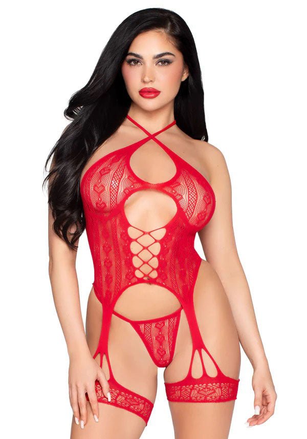 Leg Avenue 2pc Heart Net Halter Cami and G-String Panty - Os - Red