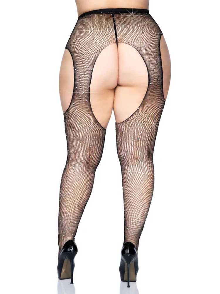Leg Avenue Casey Rhinestone Fishnet Suspender Pantyhose - Queen - Black