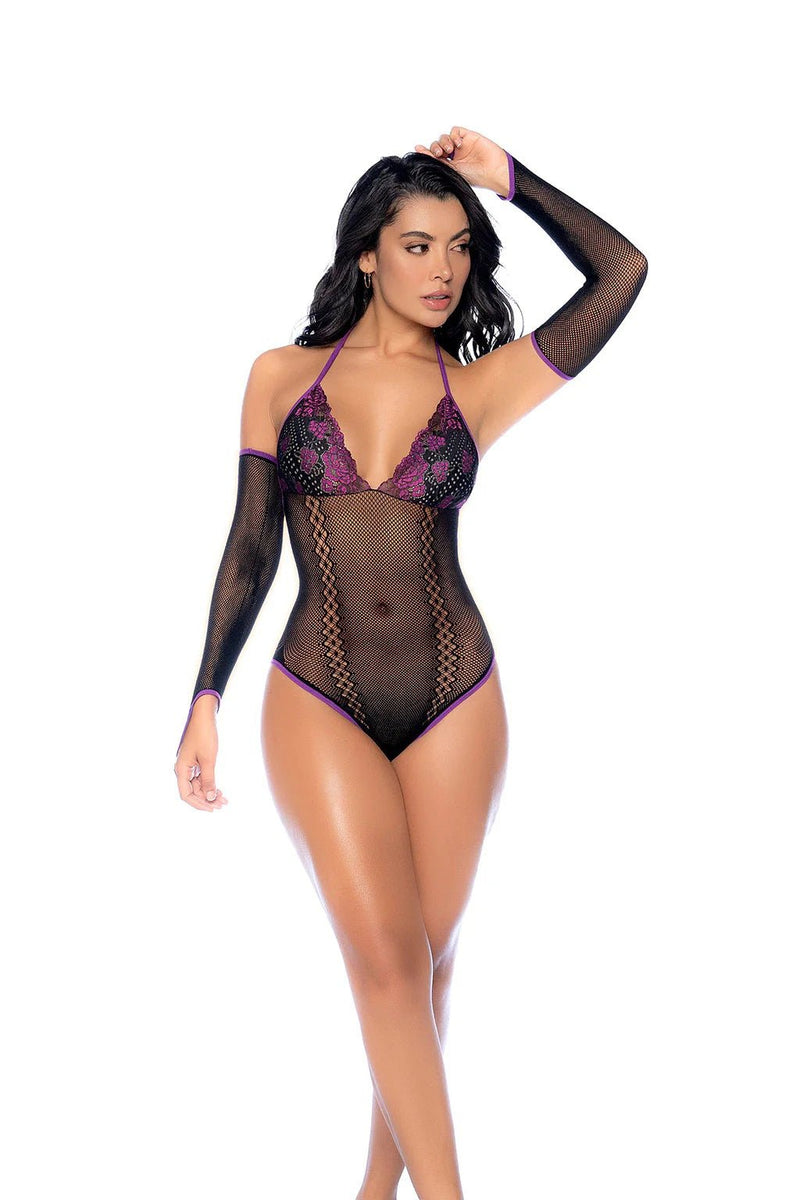 Mapale Whispered Lace Fishnet Bodysuit - Os - Black/purple