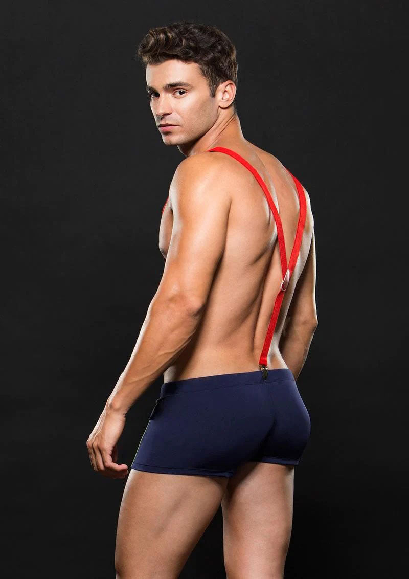 Envy Menswear Fireman Bottom With Suspenders 2 Pc - Medium/large - Navy Blue/red