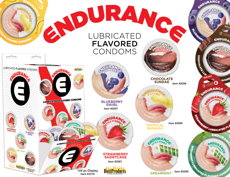 Hott Products Endurance Condoms - 144 Count Wall Mount Display - Assorted Flavors