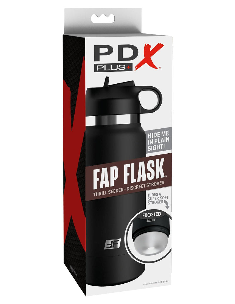 Pipedream Fap Flask - Thrill Seeker - Black Bottle - Frosted - Stroker Masturbator - Canister Masturbation Cup
