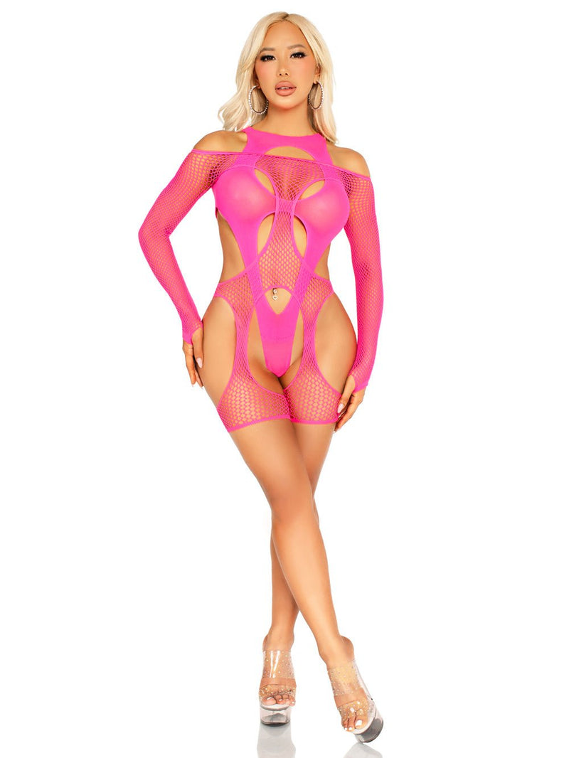 Leg Avenue 2 Pc Fishnet Garter Harness and Opaque Cut-Out Teddy O/s - Neon Pink