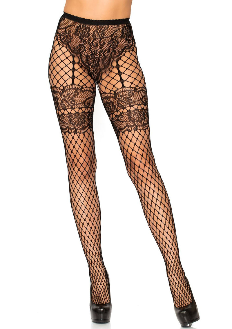 Leg Avenue Lace French Cut Faux Garter Net Tights - One Size Black
