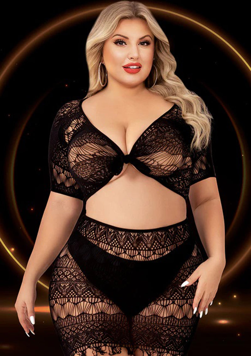 Lapdance 2 Piece Crop Top and Skirt Set - Queen Size - Black