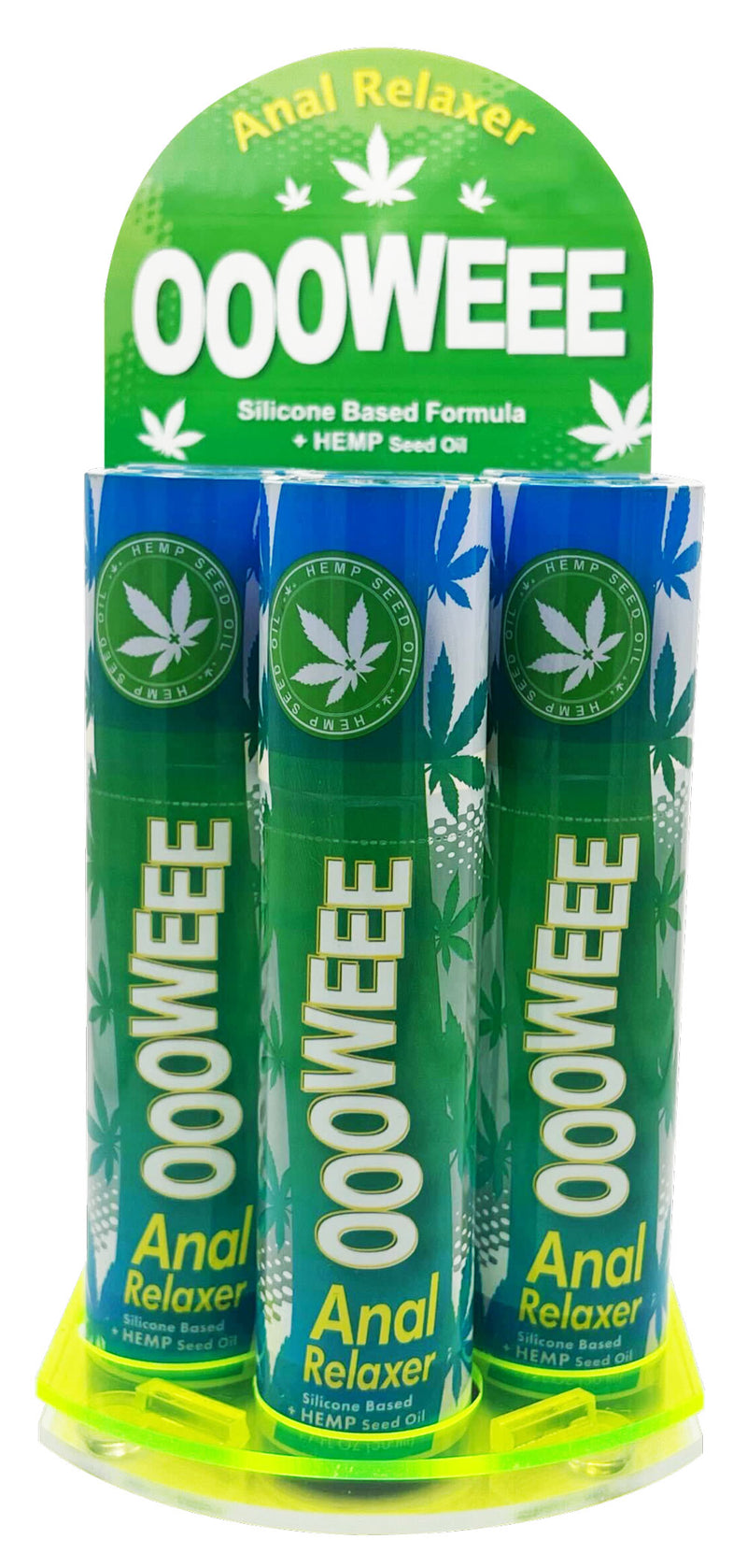 Body Action Oooweee Anal Relaxer Silicone Lubricant Hemp - Six Bottle - Display