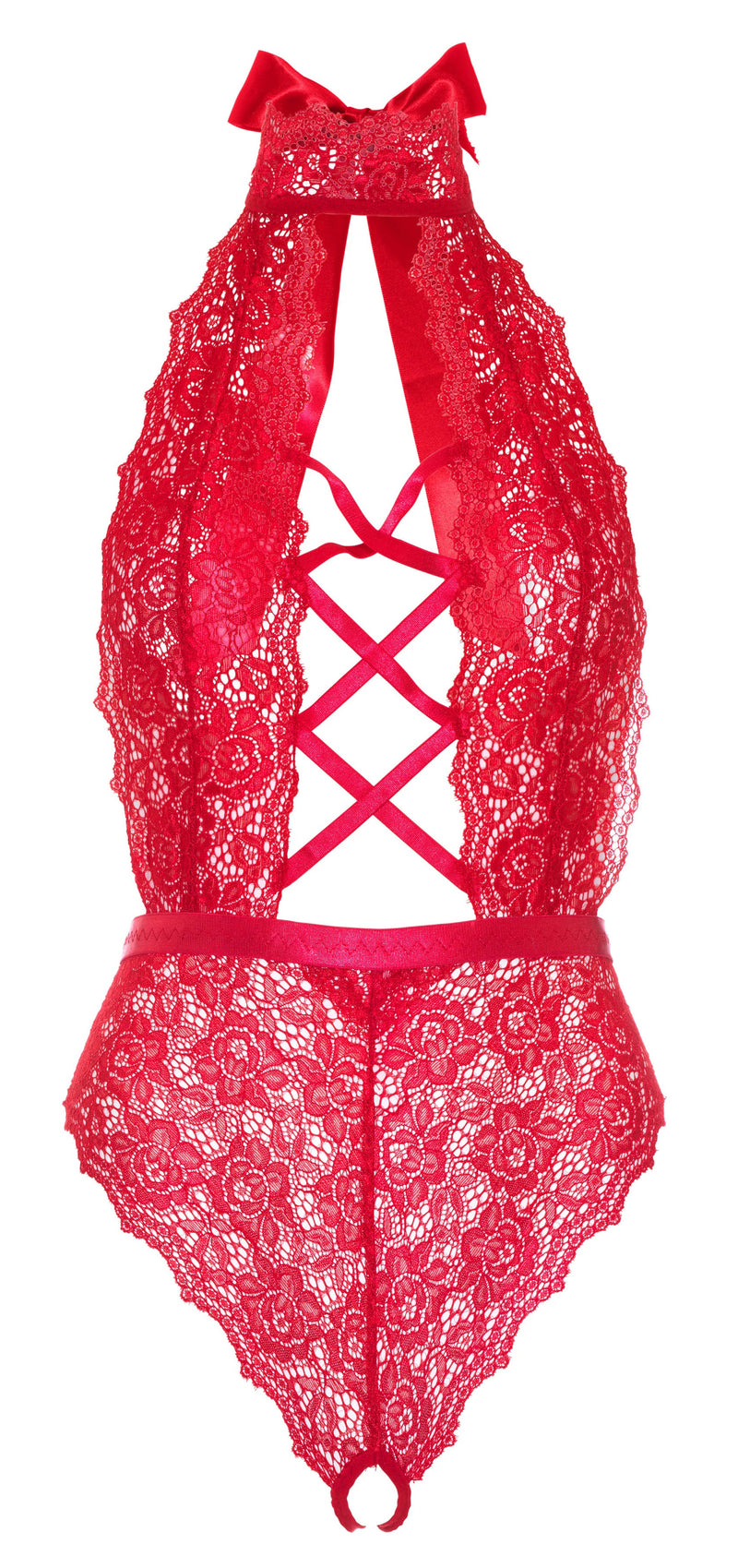 Leg Avenue Floral Lace Crotchless Teddy - 1x/2x - Red
