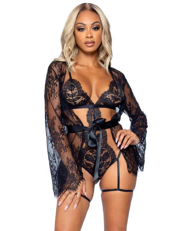 Leg Avenue All Romance Lace Teddy and Robe Set - Large - Black