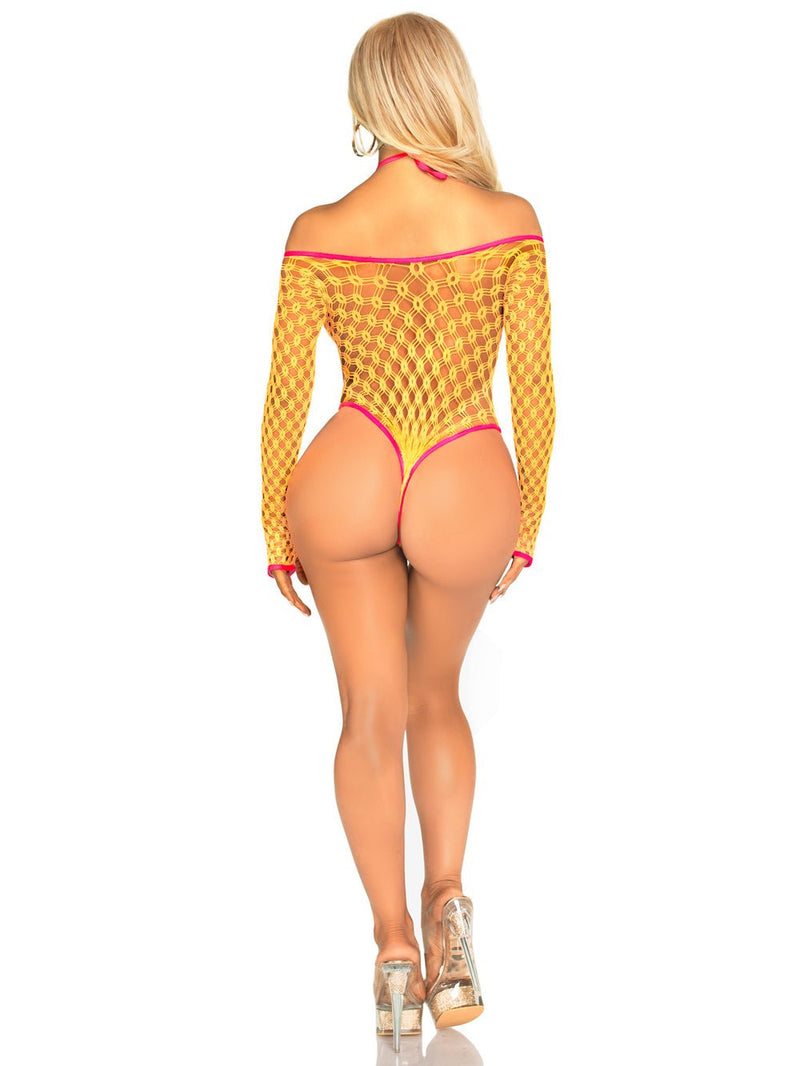 Leg Avenue Eyelet Net Teddy With Tie-Front Keyhole Detail O/s - Neon Orange