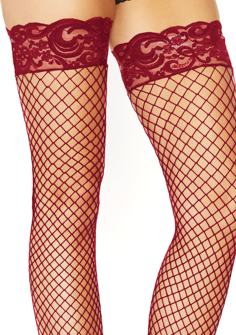 Leg Avenue Stay Up Fishnet Thigh Highs - One Size - Burgundy