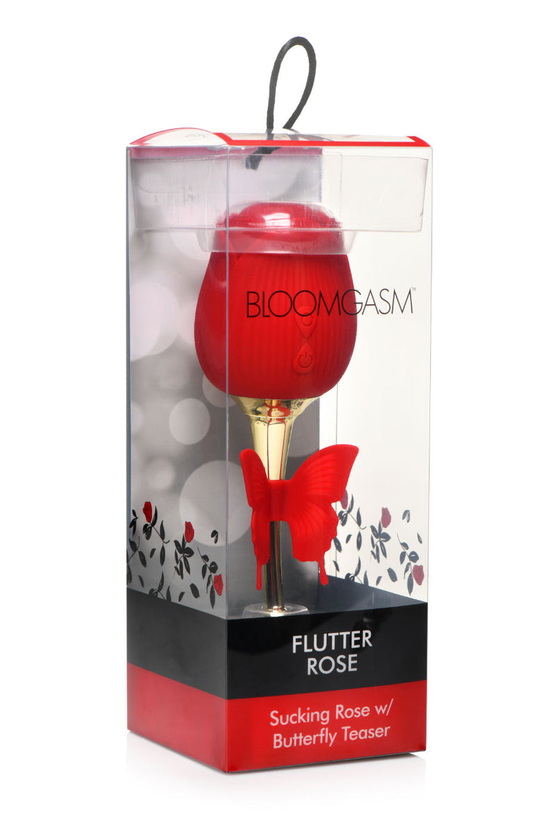 XR Brands Bloomgasm Flutter Rose Sucking Rose with Butterfly Teaser - Red