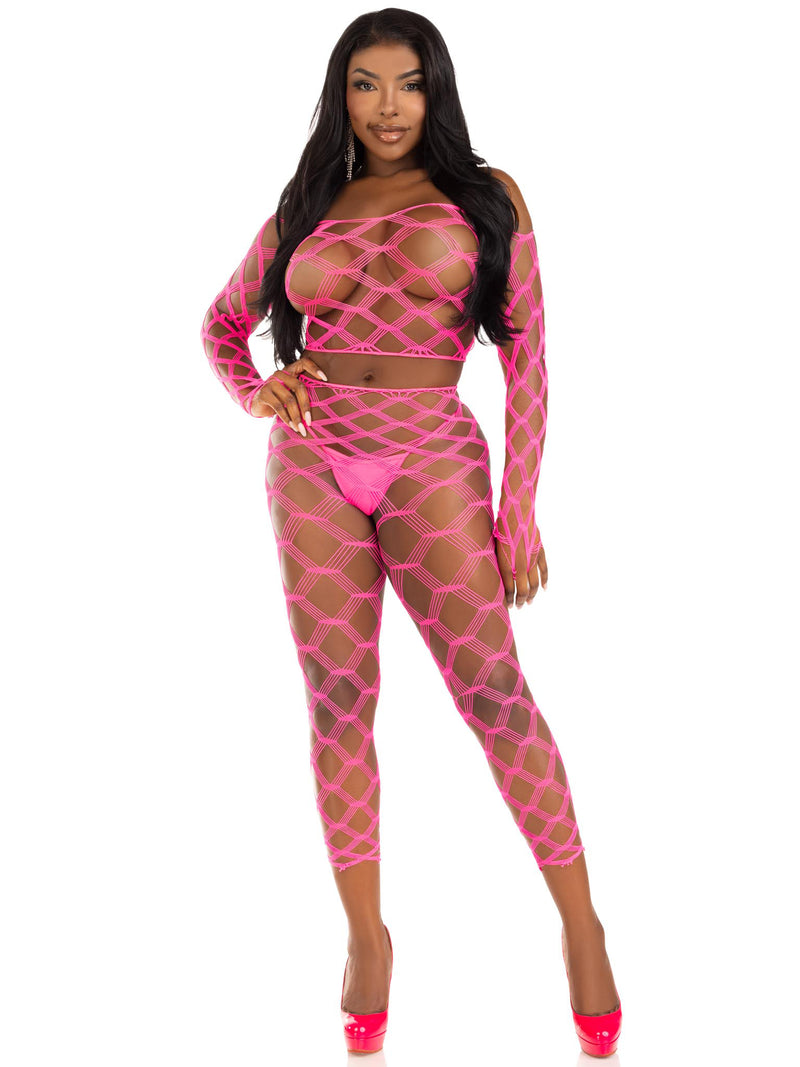 Leg Avenue 2 Pc Net Crop Top and Footless Tights - One Size - Neon Pink