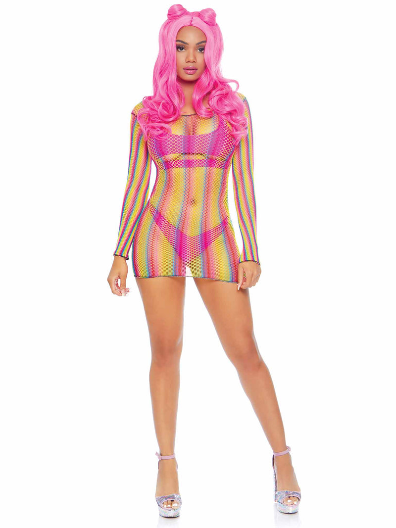 Leg Avenue Rainbow Fishnet Long Sleeved Mini Dress - One Size - Rainbow