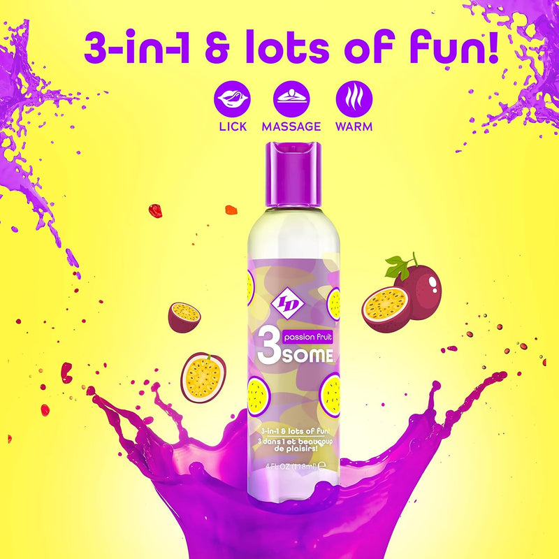 I.D. Lubricants 3some 3-in-1 Lubricant - Passion Fruit - 4 Fl. Oz.