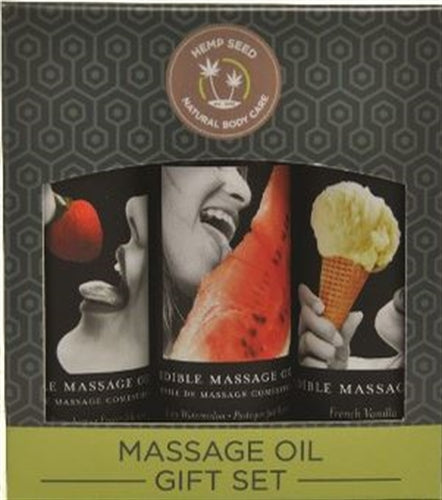 Earthly Body Edible Massage Oil Gift Set Box - 2 Fl. Oz. Bottles - Strawberry, Watermelon, Vanilla