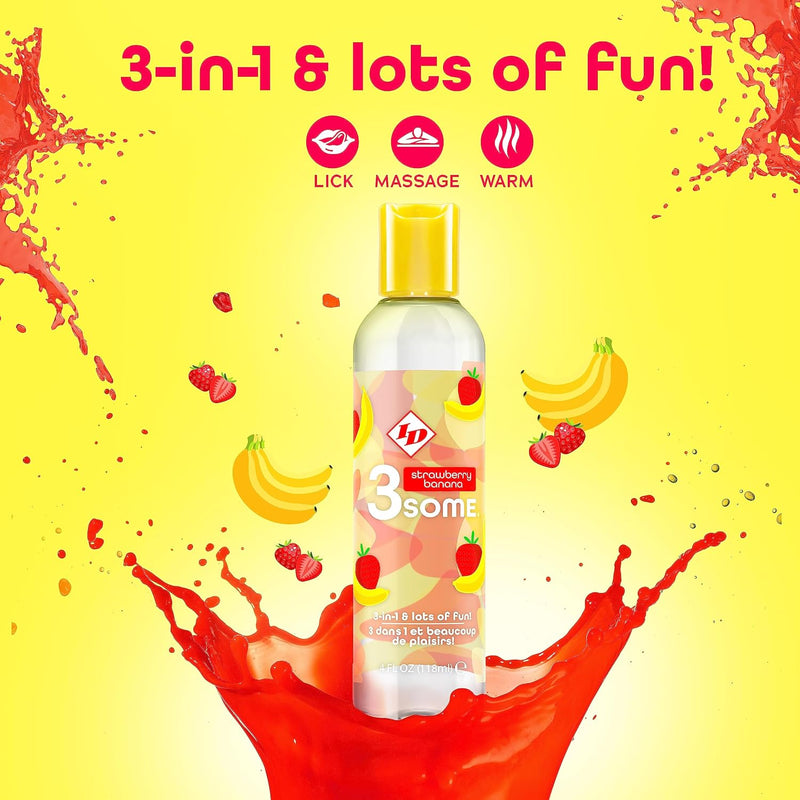 I.D. Lubricants 3some 3-in-1 Lubricant - Strawberry Banana - 4 Fl. Oz.
