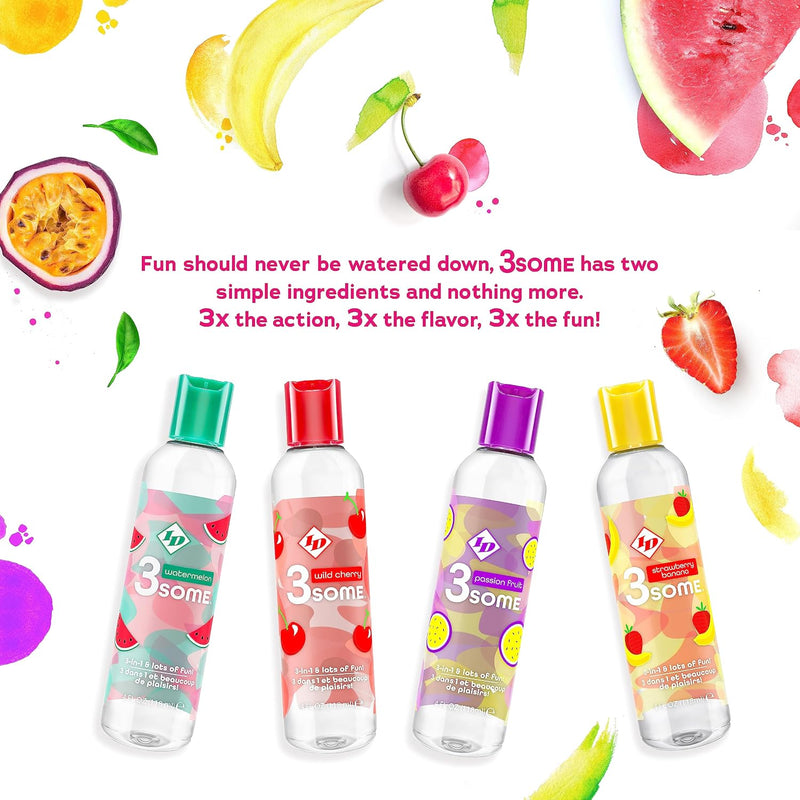 I.D. Lubricants 3some 3-in-1 Lubricant - Strawberry Banana - 4 Fl. Oz.