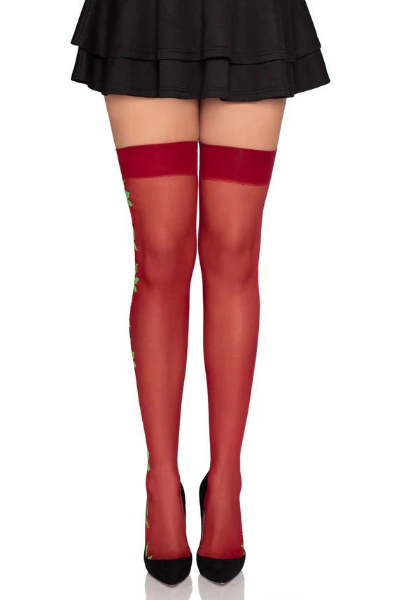 Leg Avenue Spandex Thigh Highs With Roses - Os - Burgundy