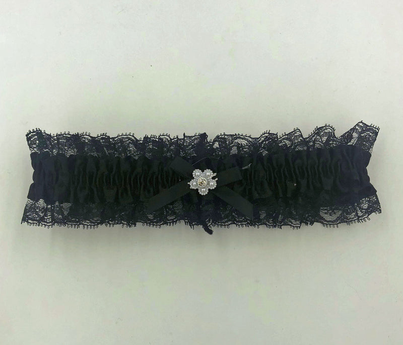 Elegant Moments Satin Leg Garter - One Size - Black With Black Lace