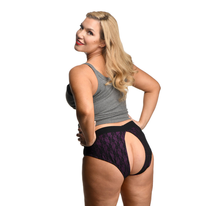 XR Brands Lace Envy Crotchless Panty Harness - S/ M Black and Purple