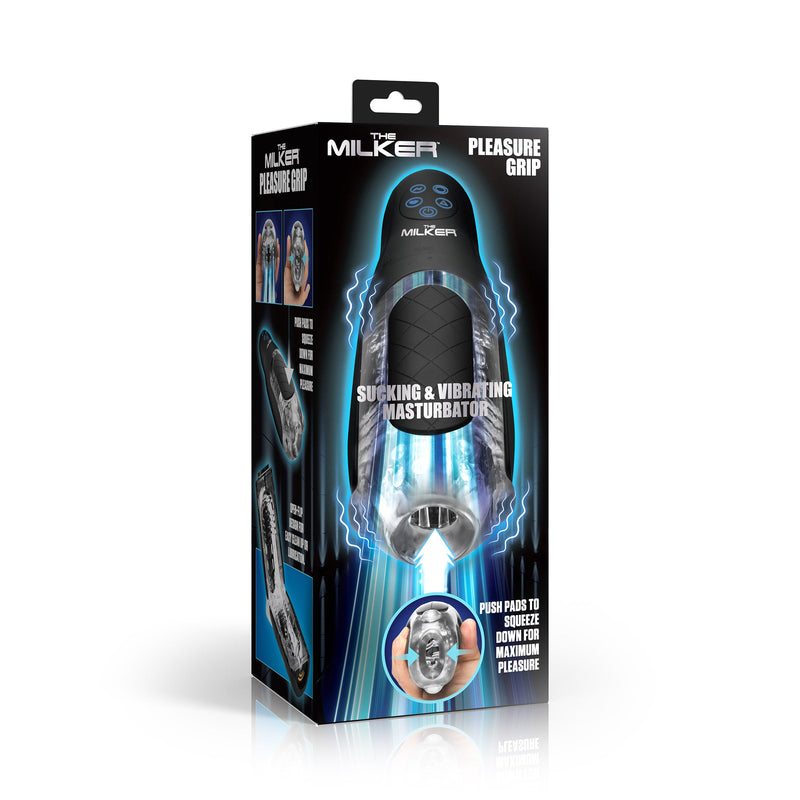 XR Brands Pleasure Grip Sucking and Vibrating Masturbator - Black - Automatic Stroker Masturbator - Canister Masturbation Cup