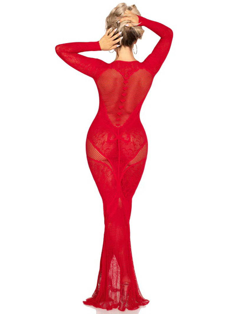 Leg Avenue Red Lace and Net Body Con Gown - With Heart Keyhole Detail - Os