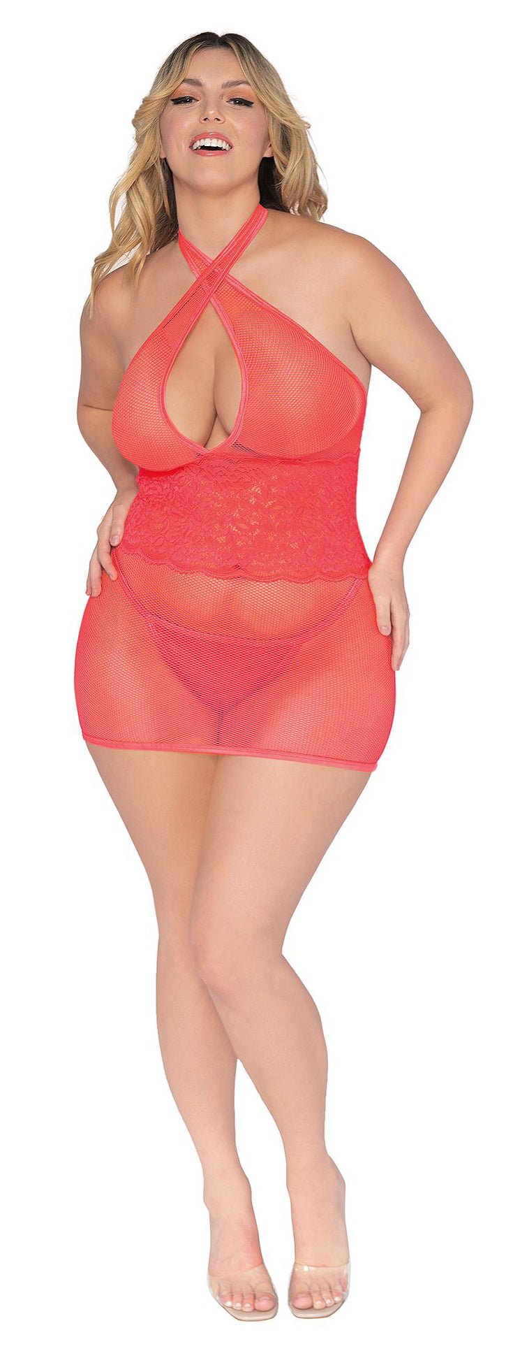 Dreamgirl Stretch Fishnet and Scalloped Stretch Lace Chemise - Queen - Coral