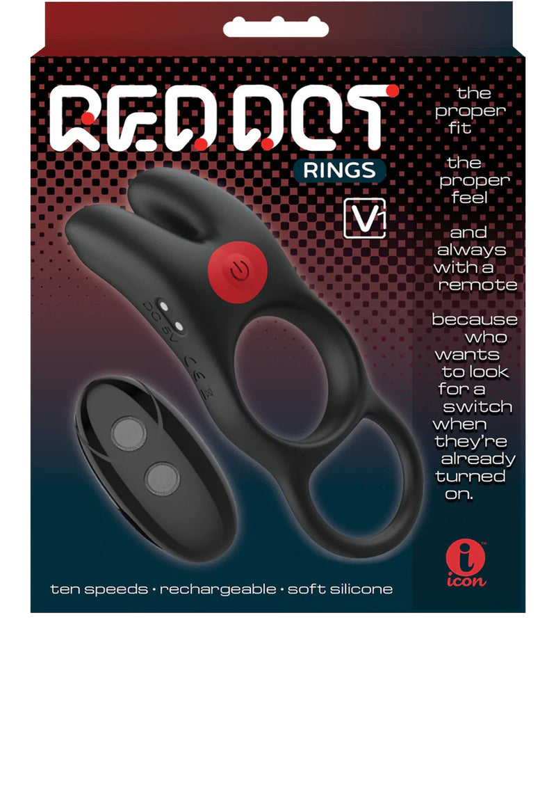 Icon Brands Red Dot Vibrating Cock Ring V1 With Remote - Black/red