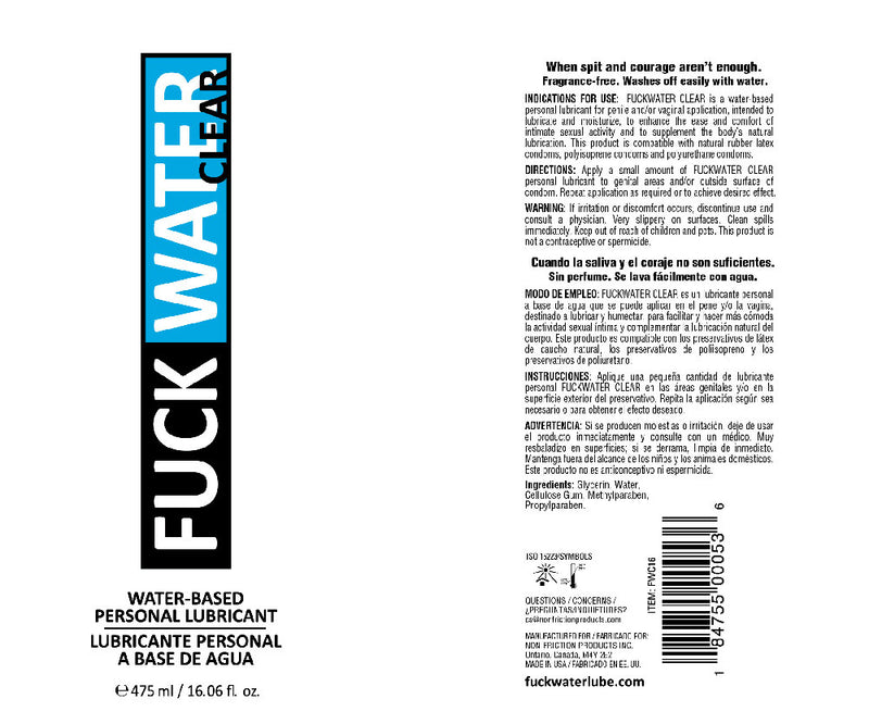 Fuck Water Fuck Water Clear 16oz Water Bases Lubricant