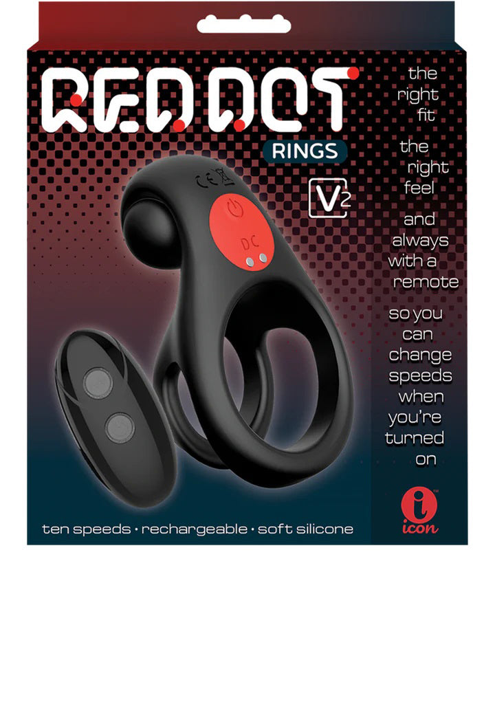Icon Brands Red Dot Vibrating Cock Ring V2 With Remote - Black/red