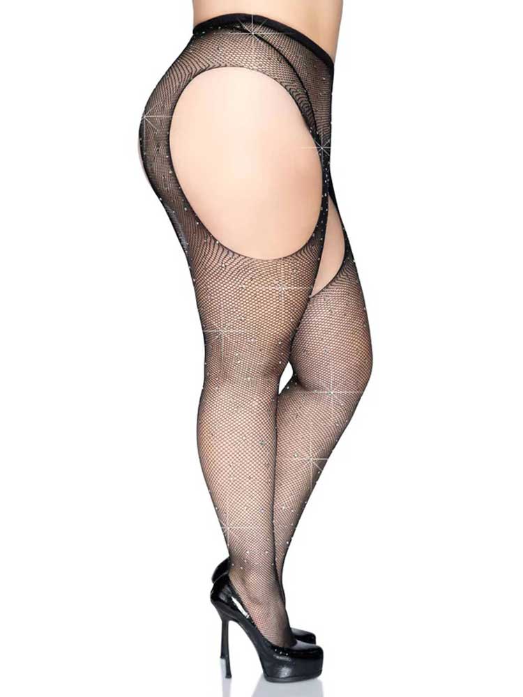 Leg Avenue Casey Rhinestone Fishnet Suspender Pantyhose - Queen - Black