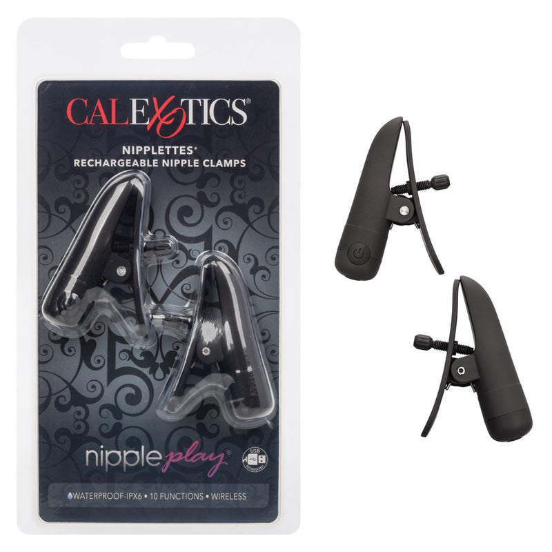 CalExotics Nipple Play Nipplettes Vibrating Nipple Clamps Black Rechargeable