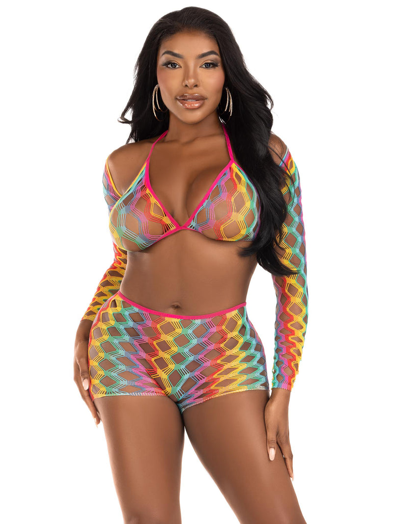 Leg Avenue 3 Pc Net Bra Top With Shrug and Boy Shorts - One Size - Multicolor