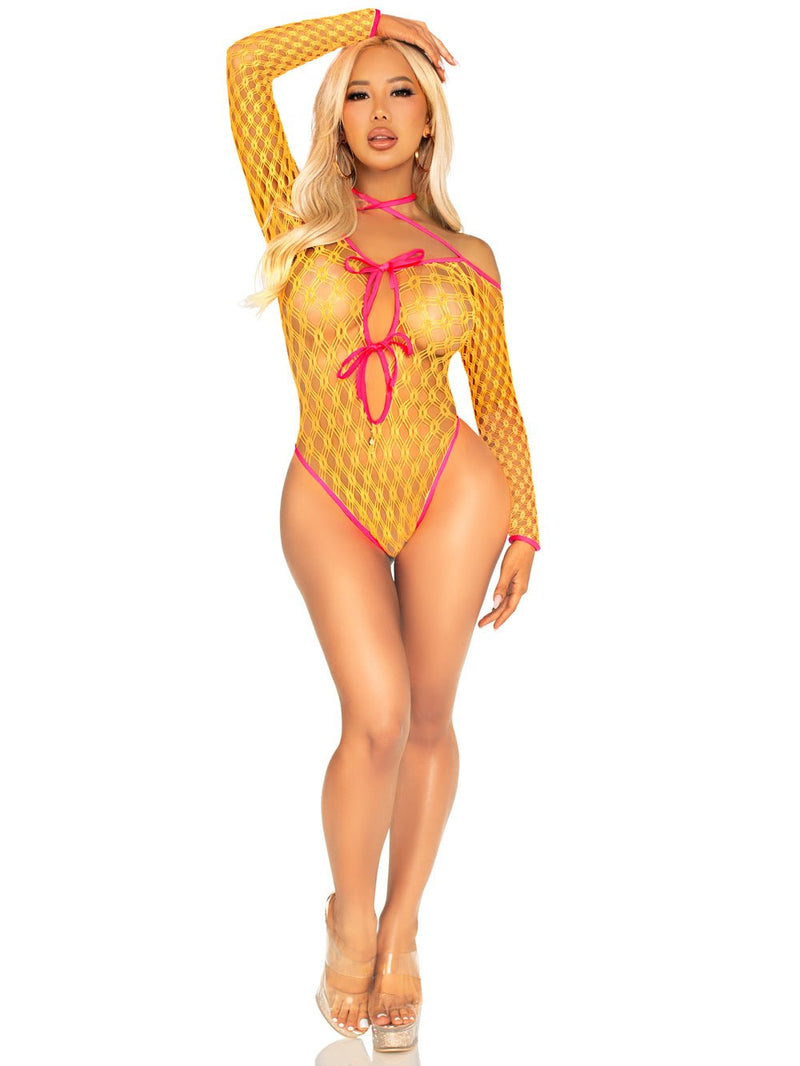 Leg Avenue Eyelet Net Teddy With Tie-Front Keyhole Detail O/s - Neon Orange