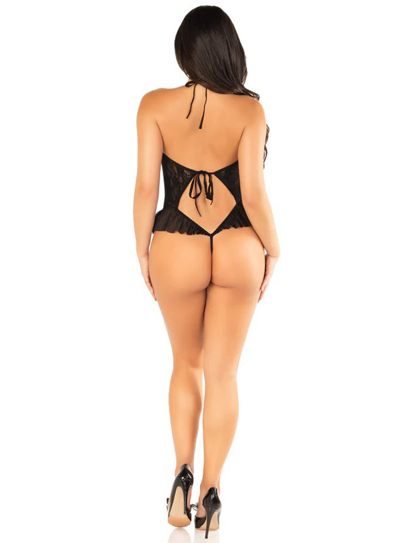 Leg Avenue Black Floral Lace Halter Bodysuit with Mini Bow - and Flutter Accent - Os