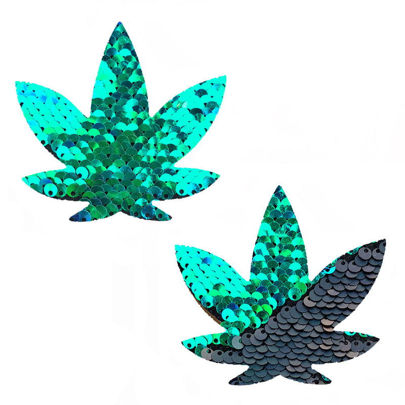 Neva Nude Ariel - Green to Black Flip Sequin Gold Dope Af Weed Leaf Pasties