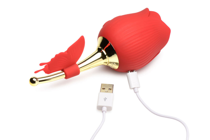 XR Brands Bloomgasm Flutter Rose Sucking Rose with Butterfly Teaser - Red