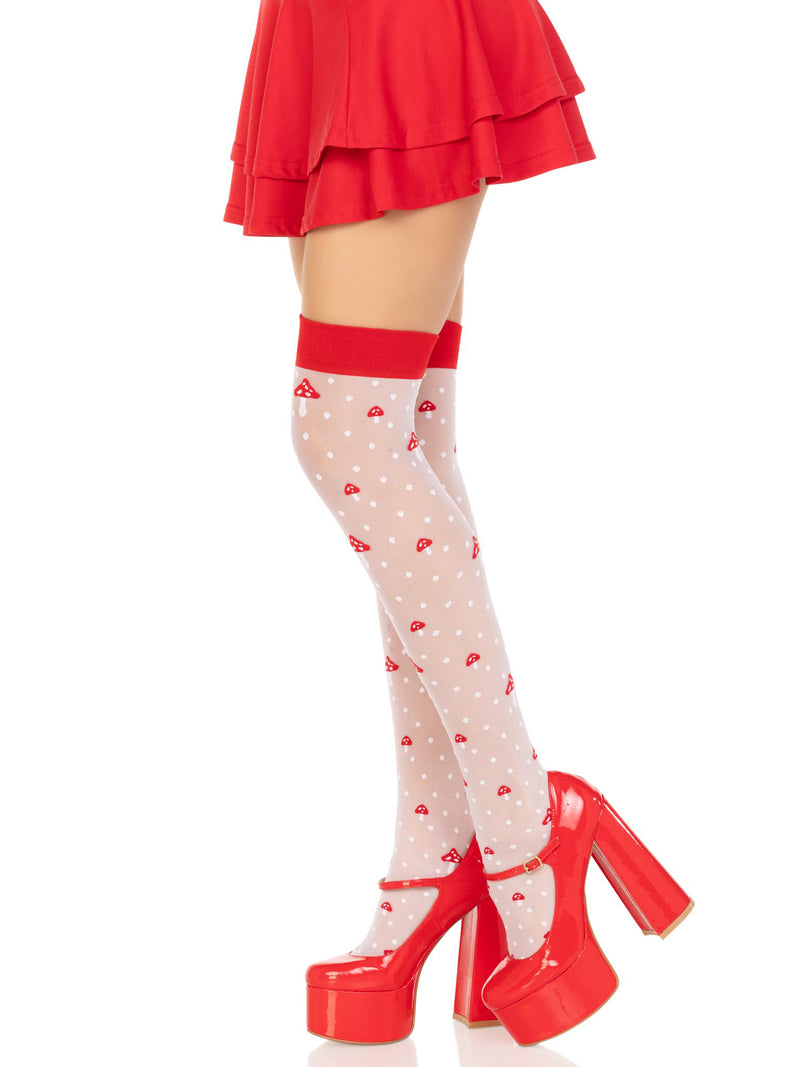 Leg Avenue Polka Dot Mushroom Thigh High - One Size - White/red