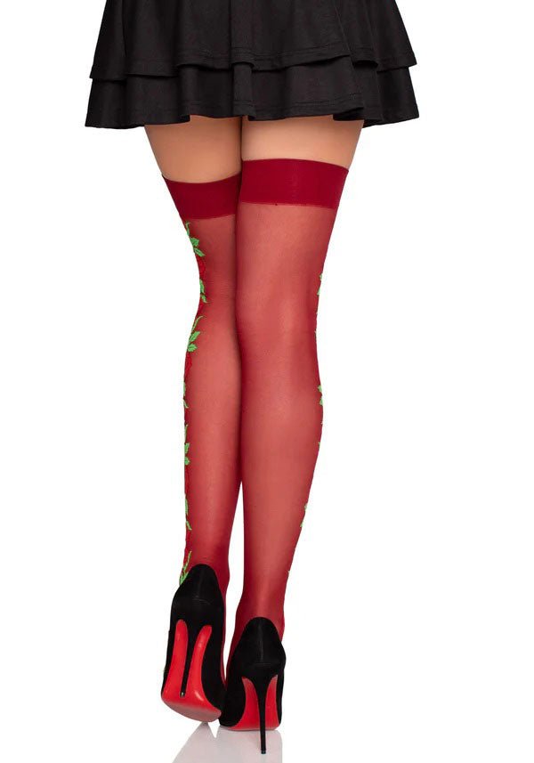 Leg Avenue Spandex Thigh Highs With Roses - Os - Burgundy