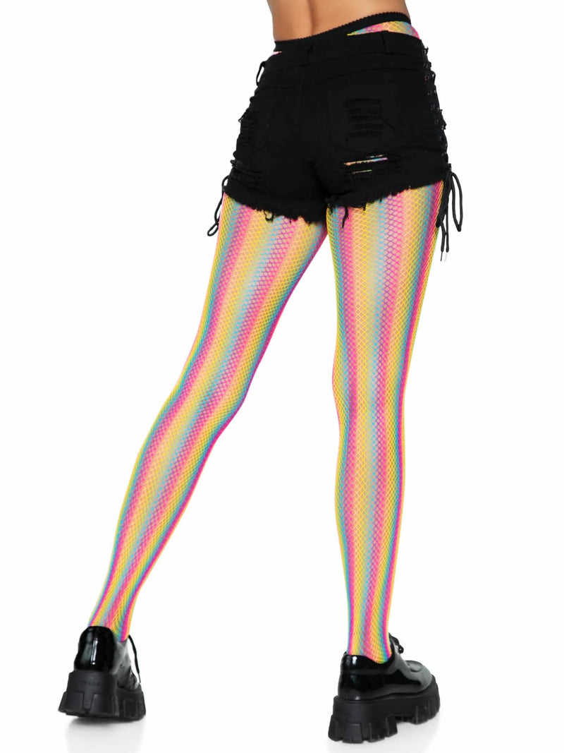 Leg Avenue Neon Rainbow Striped Fishnet Tights - One Size - Multicolor