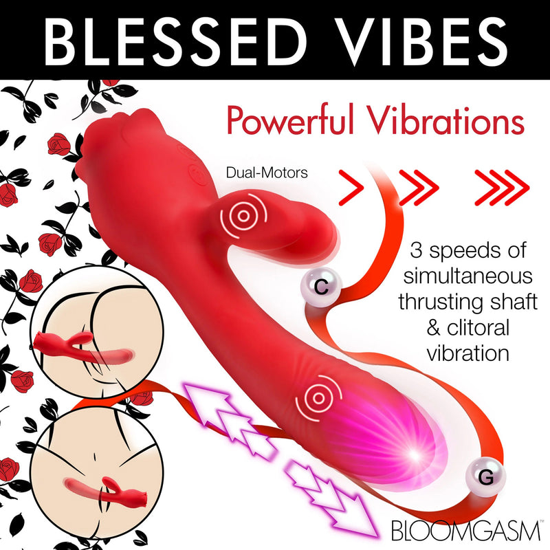 XR Brands Blooming Bunny Sucking and Thrusting Silicone Rabbit Vibrator - Red