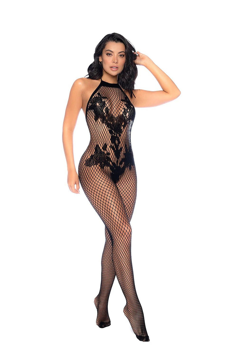 Mapale Vino Noir Floral Fishnet Bodystocking - Os - Black