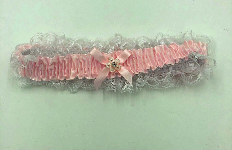 Elegant Moments Satin Leg Garter - One Size - Baby Pink With White Lace